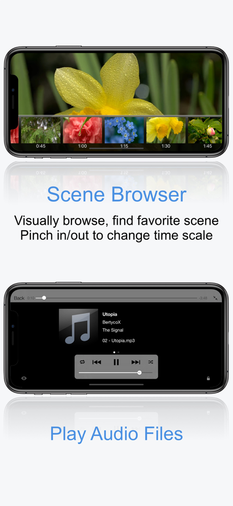 SpeedUpTV + - SpeedUpTVアプリのスクリーンショット。ビジュアルシーンブラウジングとオーディオファイル再生を示しています。