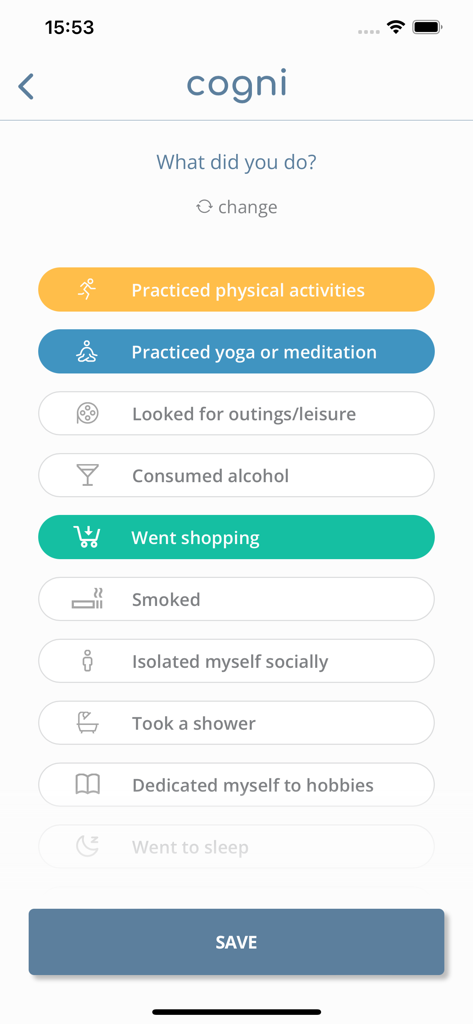 Cogni - Cogni app interface for logging daily activities like yoga and meditation as part of cognitive behavioral therapy