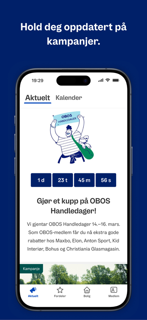 La interfaz de la app OBOS muestra una cuenta atrás para días de compras exclusivos y descuentos para miembros.