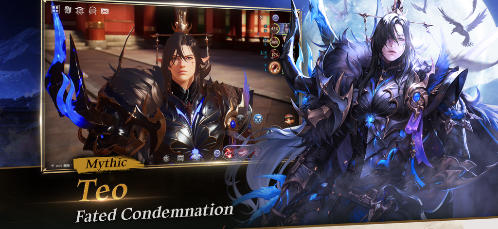 Seven Knights 2 - Teo the Mythic hero from Seven Knights 2 in dark armor with blue magical effects