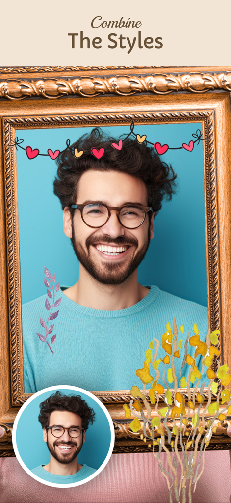 Photo frames collection app - A man's portrait inside an ornate wooden frame decorated with heart and botanical stickers.