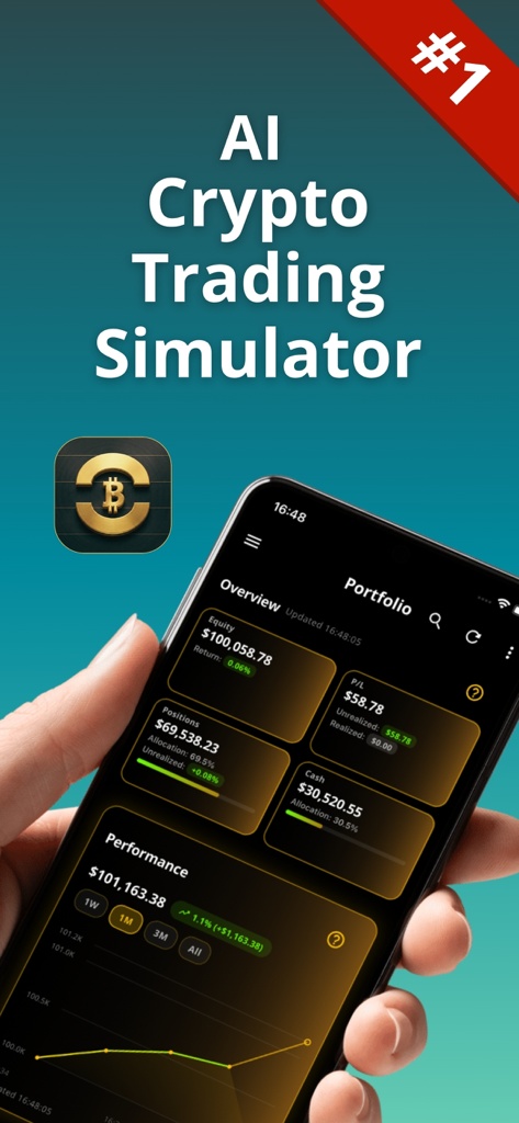 Crypto Trading AI : CPreds - A hand holding a smartphone displaying the portfolio overview and performance charts of the AI Crypto Trading Simulator app.