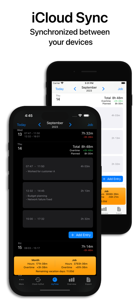 Hours Tracker - myTime - Interfaccia dell'app Hours Tracker che mostra la sincronizzazione iCloud tra iPhone in modalità chiara e scura