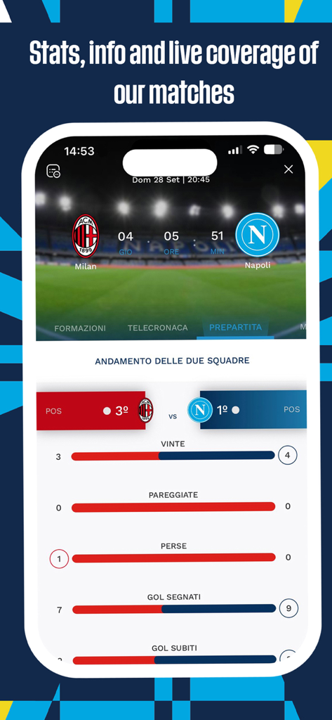 SSC Napoli - Official App - A screenshot of the SSC Napoli Official App showing live match stats and team performance comparison for a game against Milan.