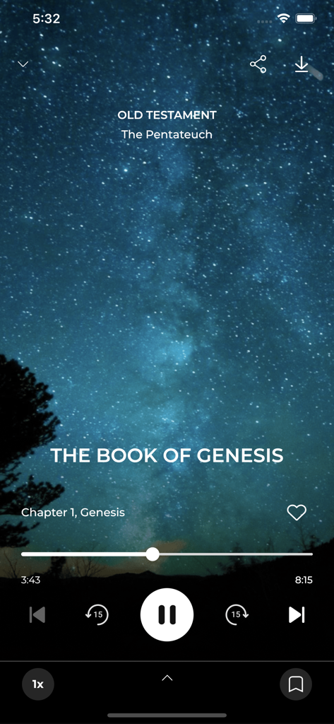 The AudioBible Superproduction - Playback screen of The Book of Genesis in the AudioBible app featuring a starry night background and audio controls
