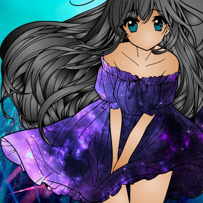 manga girl with long flowing hair and a dress that is pushed down