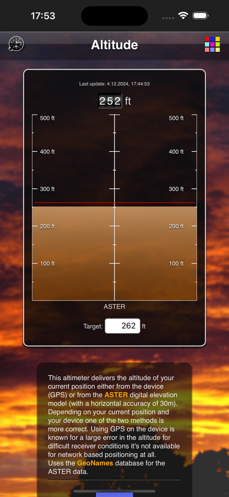 Altitude App - Digital altimeter interface displaying current altitude in feet and target altitude settings