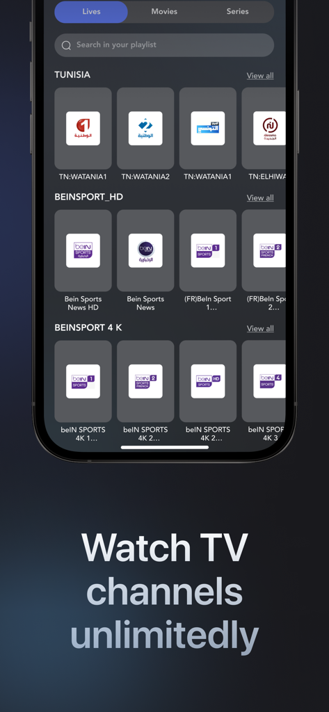 Interfaz del reproductor GSE Smart IPTV mostrando canales de TV internacionales y deportes en vivo.