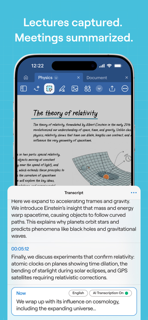 Goodnotes app interface displaying physics notes and an automated AI lecture transcript window