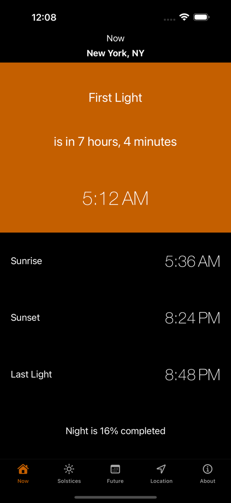 Sunrise Sunset Times - Sunrise Sunset Times app interface showing sunrise sunset and first light countdown