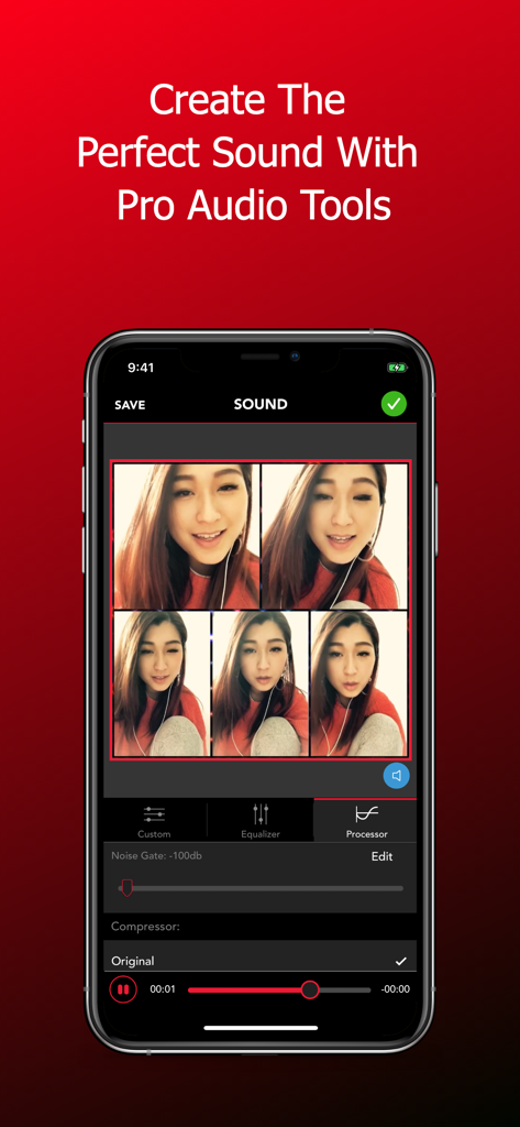 Acapella from PicPlayPost - マルチトラックビデオ録画用のノイズゲートやイコライザーなどのプロオーディオ編集ツールを表示するAcapellaアプリインターフェース