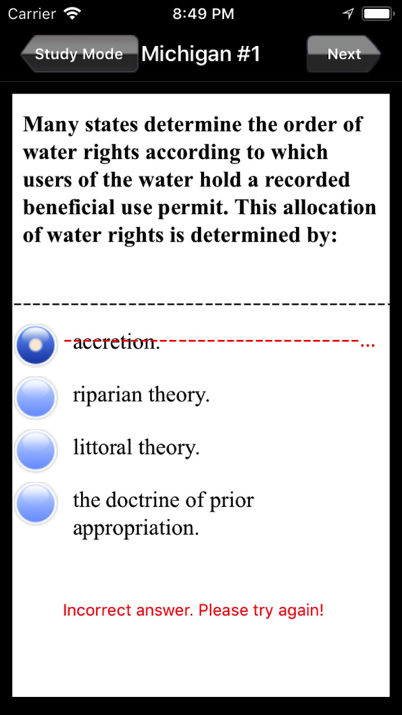 A multiple choice practice question about water rights law in the Michigan Real Estate Test Prep app.