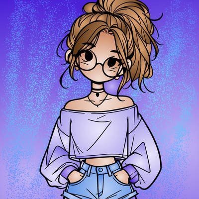 girl with a messy ponytail glasses a baggy crop top and jean shorts