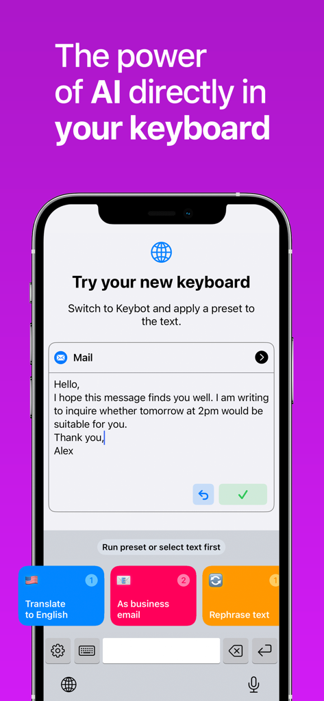 AI Keyboard Assistant - Keybot - Smartphone screen showing Keybot AI keyboard with presets for business emails and translation.