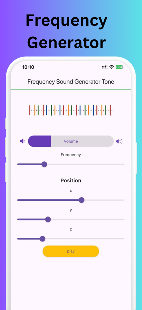 Frequency Sound Generator Tone - Interface of the Frequency Sound Generator app showing sliders for volume frequency and position settings