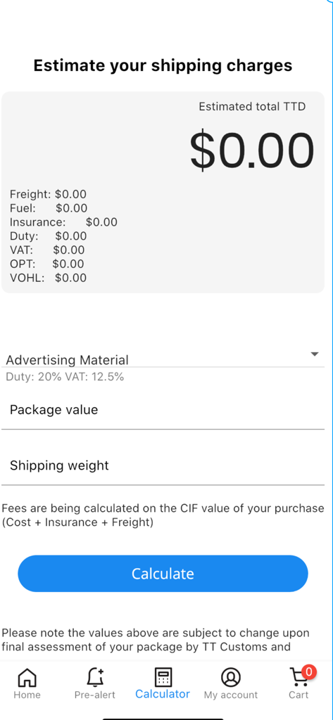 RPM Express Couriers - RPM Express Couriers mobile app screen showing the shipping cost calculator for estimating charges based on item category package value and weight