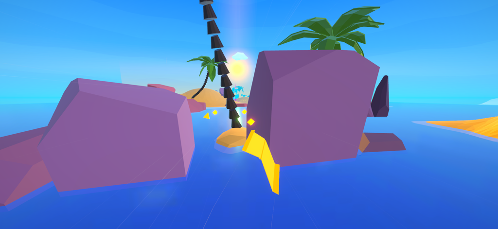 Un avión de papel amarillo volando a través de un paisaje tropical de baja poligonización con palmeras y rocas grandes