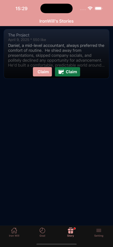 Iron Will: Quit your addiction - The story section of the Iron Will app displaying a motivational text about personal growth