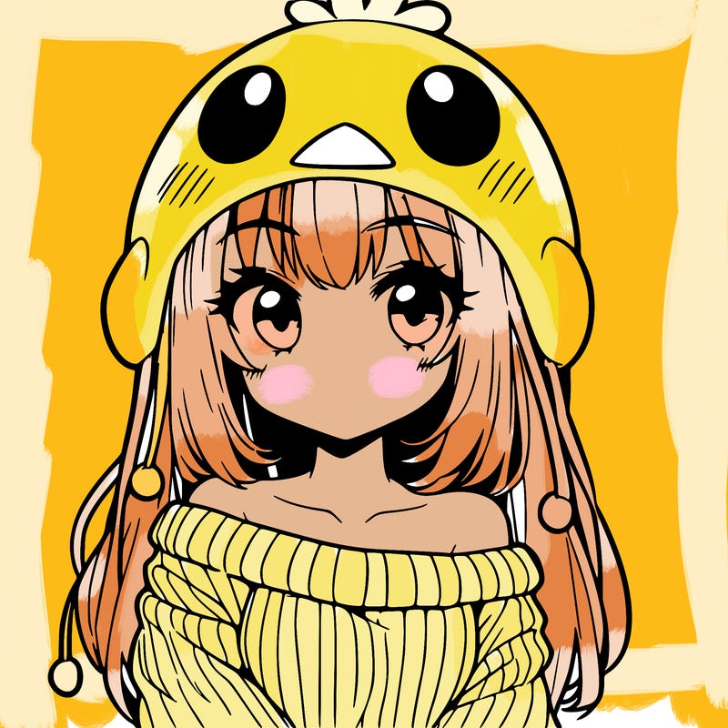anime girl with chick shaped hat with sweater with bare shoulders with bangs covering them one eye with low tail