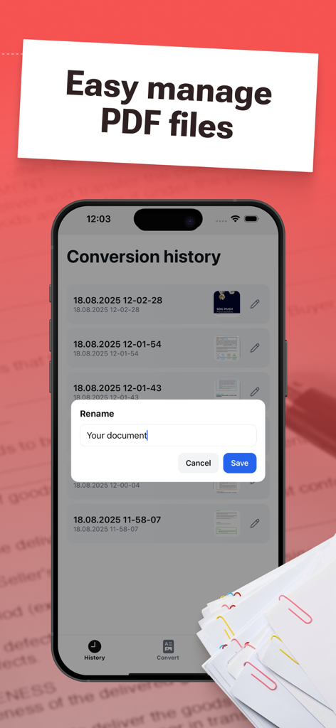 PDF Converter: PDF Compressor - Mobile app screen showing conversion history and a rename document popup window