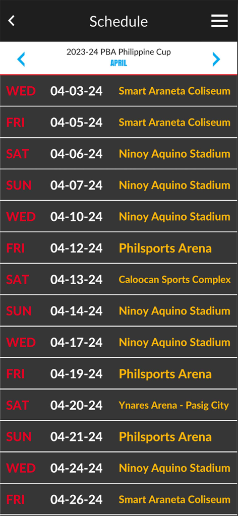 Schedule of PBA basketball games showing dates and locations for the Philippine Cup
