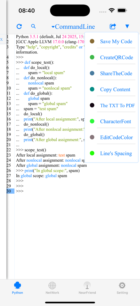 Mobile Python coding interface showing code execution and a menu with options like share and customize font.