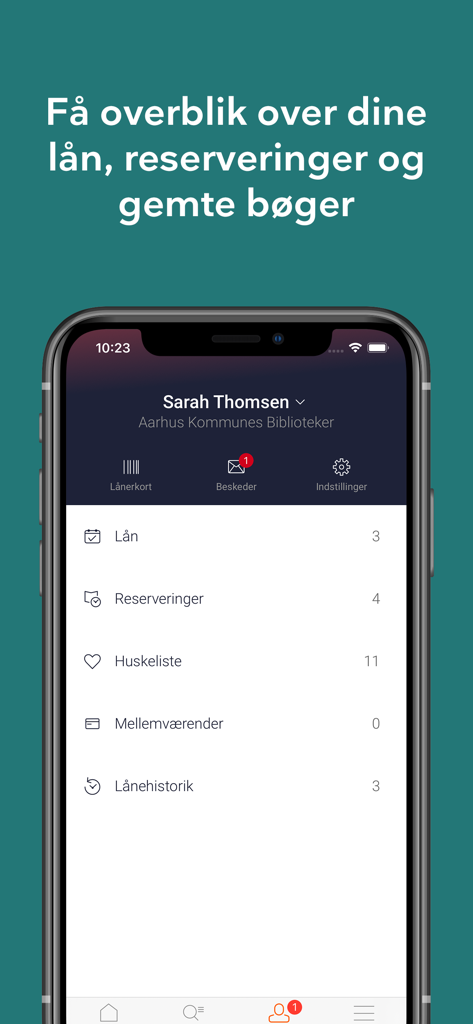 User profile screen of the Biblioteket app showing loans and reservations overview