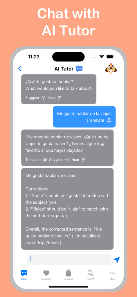 Learn Spanish + © - A mobile app screen showing a chat conversation with an AI tutor for learning Spanish with real-time grammar corrections