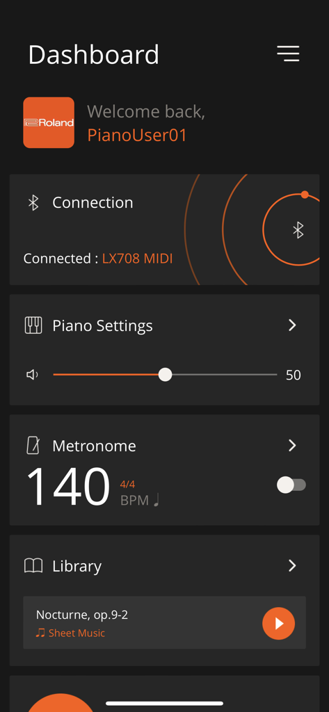 Dashboard of the Roland Piano App showing Bluetooth connection status and metronome settings