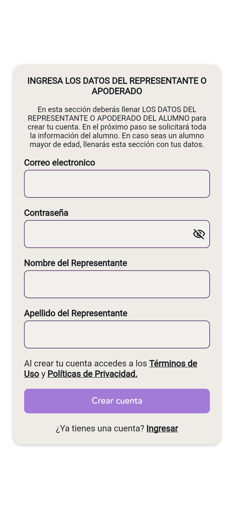 REBORN by Dance Studio Peru - User registration screen in Spanish for the REBORN by Dance Studio Peru mobile app
