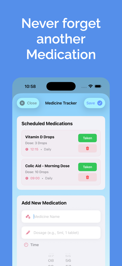 Baby Tracker-Feed & Pump Timer - Interfaccia del tracker farmaci che mostra farmaci infantili programmati e un modulo per aggiungere nuovi farmaci