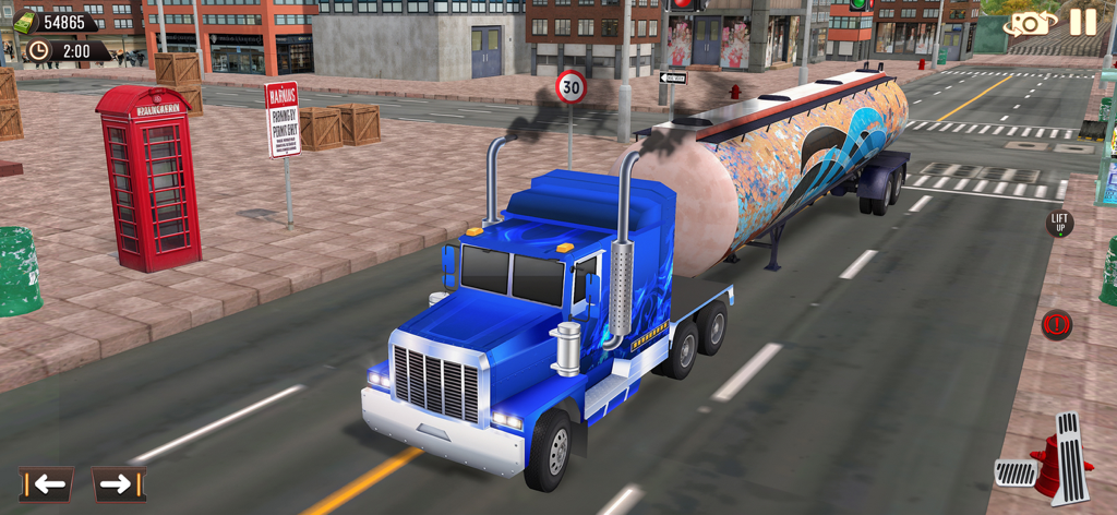Cargo Transport Driving Truck - A blue semi truck with a tanker trailer driving through a city street in a 3D driving simulator