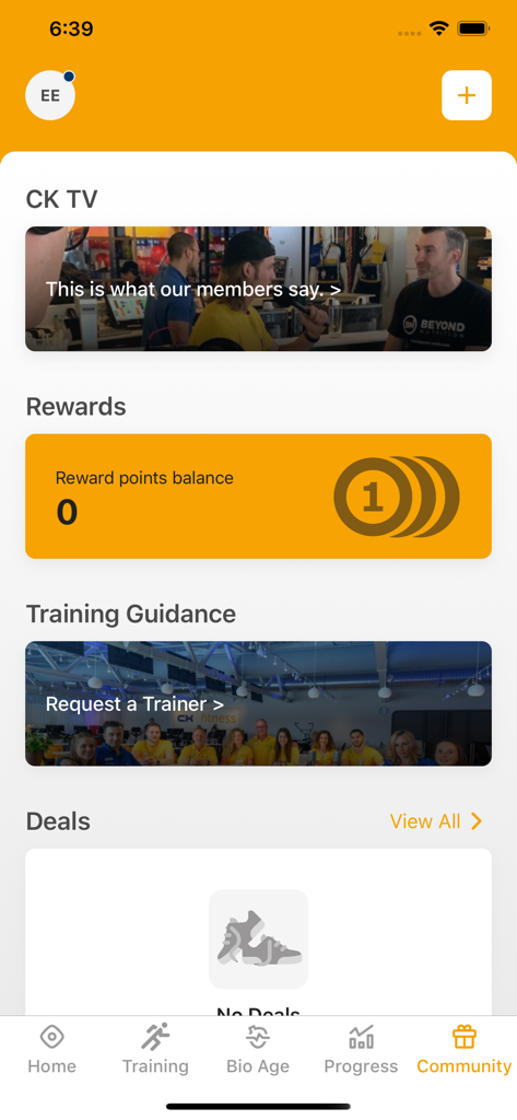 CK Fitness - CK Fitness mobile App Community-Bildschirm mit Belohnungen und Trainerberatung