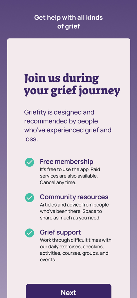 Griefity: Grief Support - Una pantalla de incorporación de la app Griefity mostrando beneficios clave como membresía gratuita y recursos comunitarios