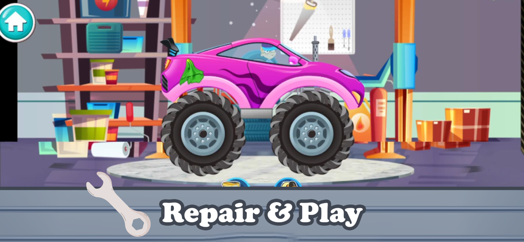 Car Wash Games: Little Carwash - Caminhão monstro rosa em uma oficina de reparos com o texto Reparar e Brincar.