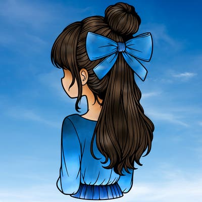realistic girl  with hip length hair a bun and a big bow on the back of head