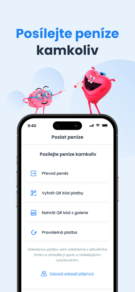 Interface do aplicativo Skip Pay mostrando opções para enviar dinheiro, escanear códigos QR para pagamentos e configurar transferências recorrentes.