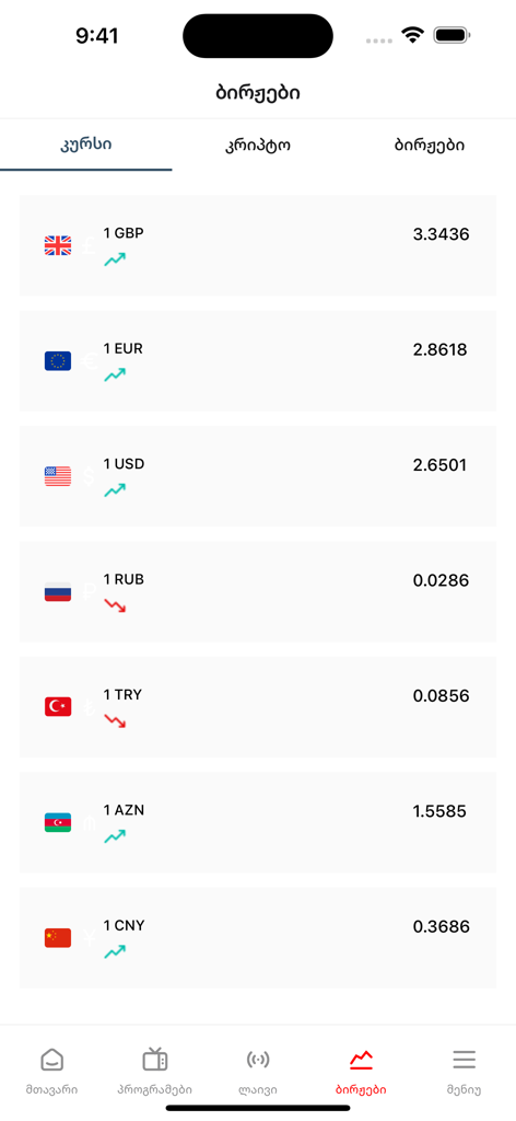Currency exchange rates screen in the BMG app showing values for GBP, EUR, and USD.