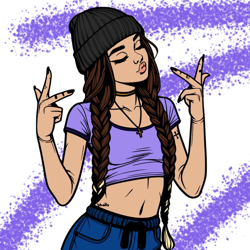 realistic teenage girl with braids and a beanie and crop top doing 🫶🏼