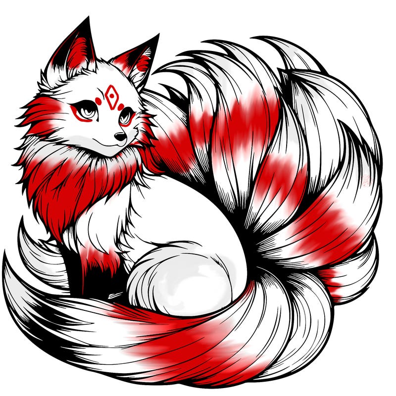 realistic detailed 9 tailed anime fox