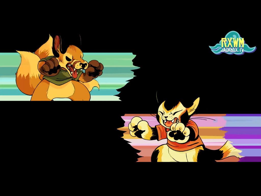 The Jackbox Party Starter - Due personaggi a cartoni animati che si affrontano in una schermata di battaglia dal gioco Tee KO