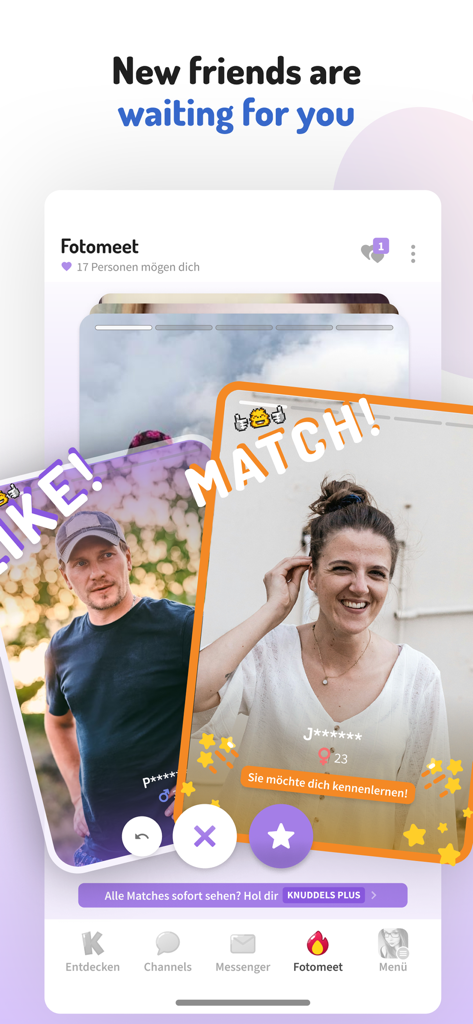 Screenshot der Knuddels App Fotomeet-Oberfläche, der Benutzerprofilkarten und Übereinstimmungsbenachrichtigungen zum Finden neuer Freunde zeigt