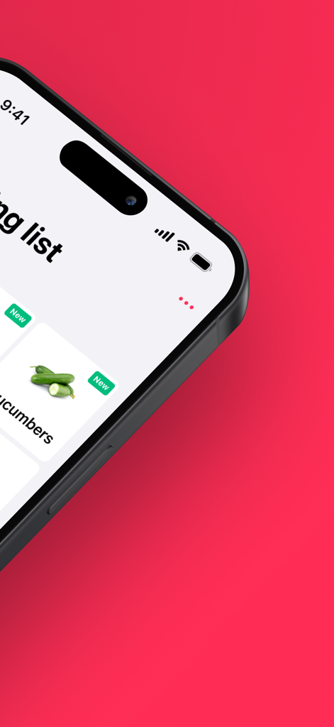 スマートフォン上のWeNeedショッピングリストアプリのクローズアップ。デジタルリストに追加されたキュウリが表示されています。