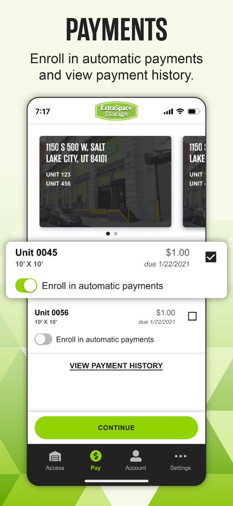 Extra Space Storage app screen showing storage unit payment options and automatic payment enrollment
