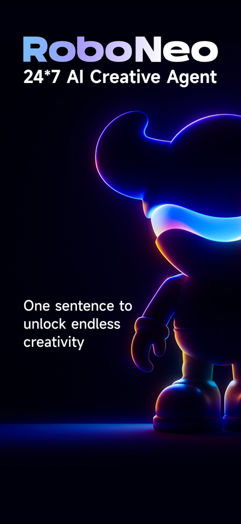Tela de apresentação do agente criativo de IA RoboNeo com mascote de neon brilhante e slogan promocional