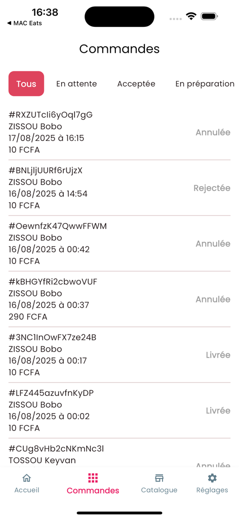 MAC Eats Restaurant - Dashboard mit einer Liste von Restaurantbestellungen mit Status wie storniert und geliefert in der MAC Eats App