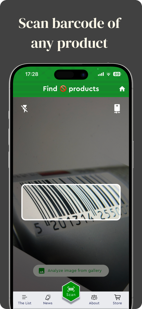 No Thanks app - Smartphone exibindo a interface do scanner de código de barras do aplicativo No Thanks para compras éticas