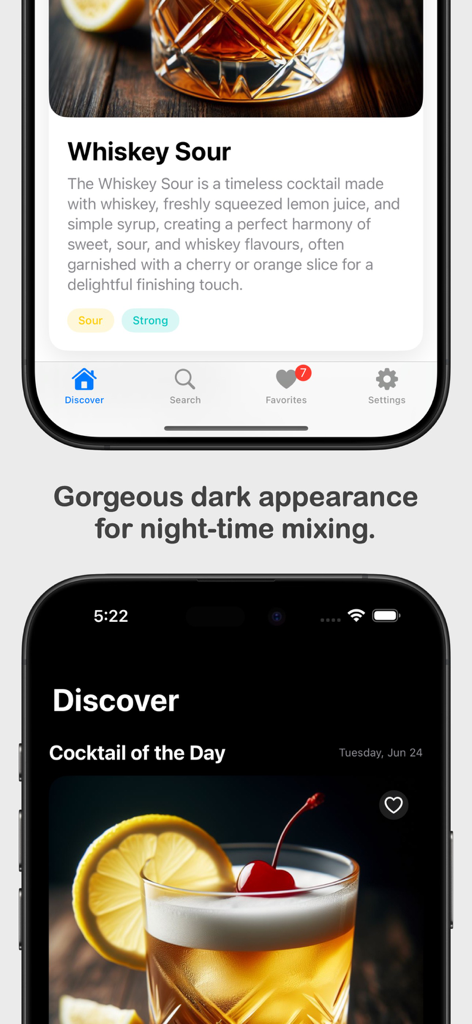 Cocktail Codex - La interfaz de la aplicación Cocktail Codex mostrando versiones de modo claro y oscuro de una receta de Whiskey Sour.
