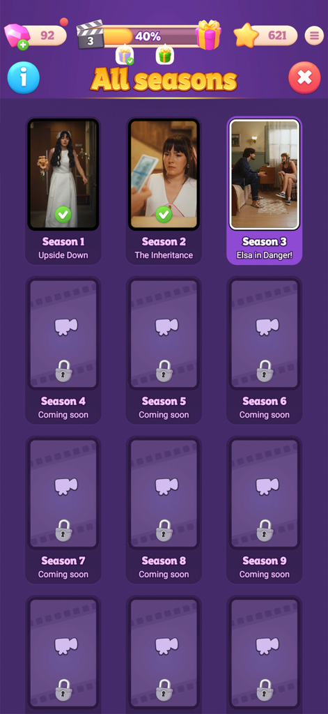 Story season selection screen in the Merge Drama game showing unlocked and coming soon chapters