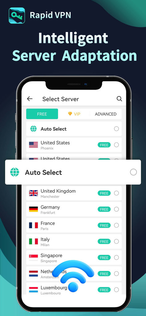 Rapid VPN app interface showing the intelligent server adaptation feature and a list of free global servers